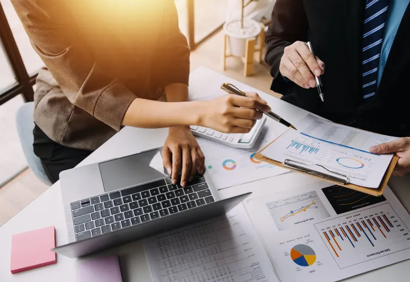 Manager discussing financial report to client